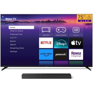 imageRoku Smart TV  75Inch Pro Series QLED RokuTV ampamp Wireless Soundbar Bundle